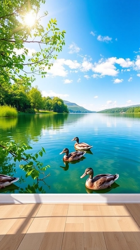 3D wallpaper depicting ducks swimming in a tranquil lake surrounded by greenery.